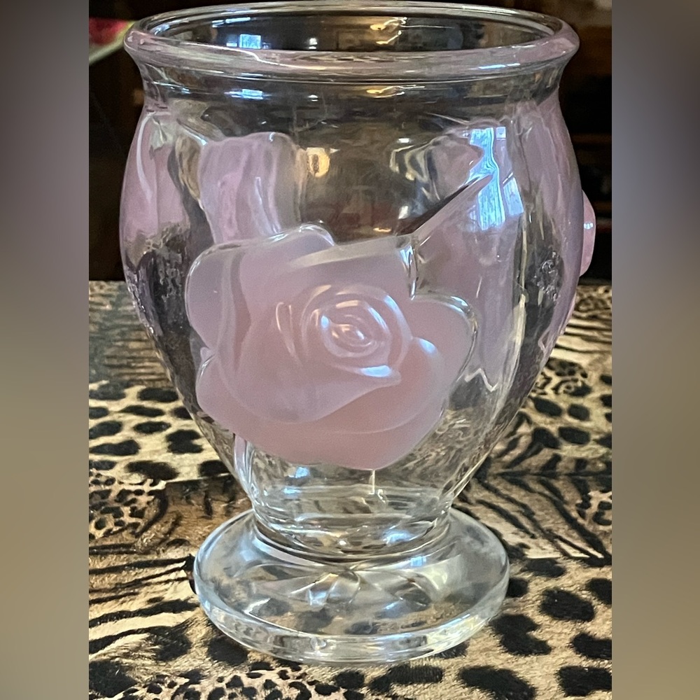 Vintage Frosted Raised Pink Roses Crystal Vase by Teleflora Gifts Made In France